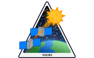 Illustration of a satellite orbiting Earth, with solar panels extended, transmitting signals toward the planet. The Earth is shown at the bottom with a curved horizon, while the Sun appears in the upper right, shining light across a starry space background. The entire scene is enclosed within a triangular emblem labeled “VISORS.”