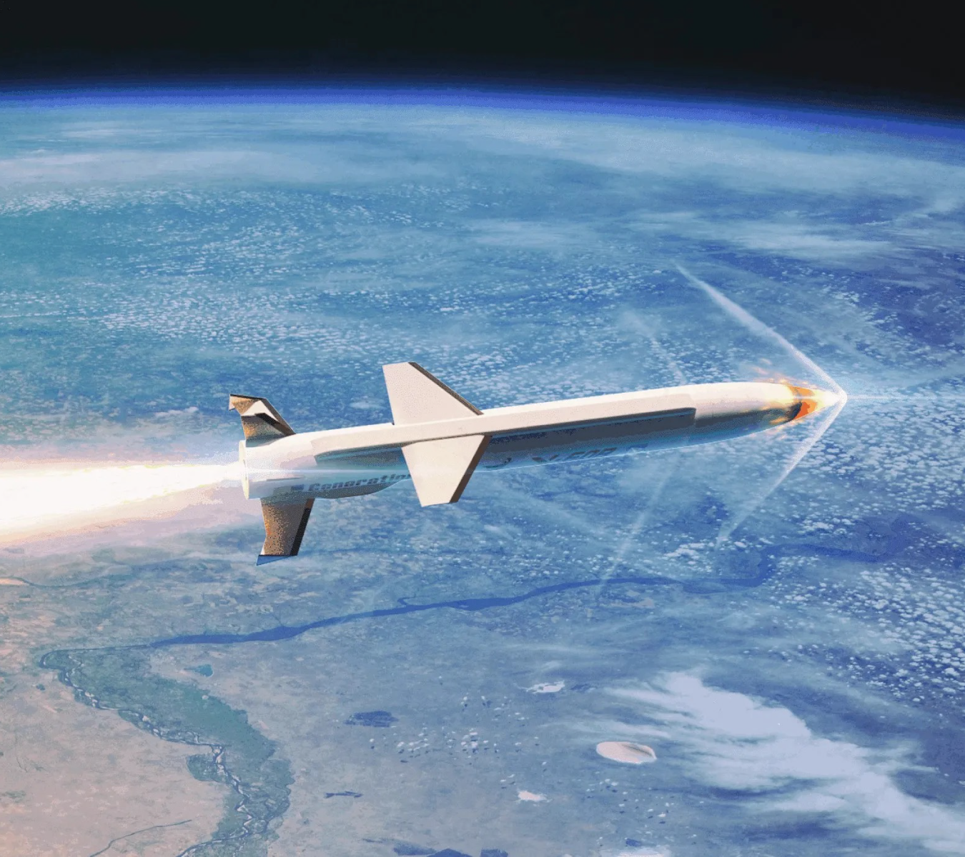 The SpaceWorks X-60 rocket is pictured in flight in the upper atmosphere, with the curvature of the Earth below it.