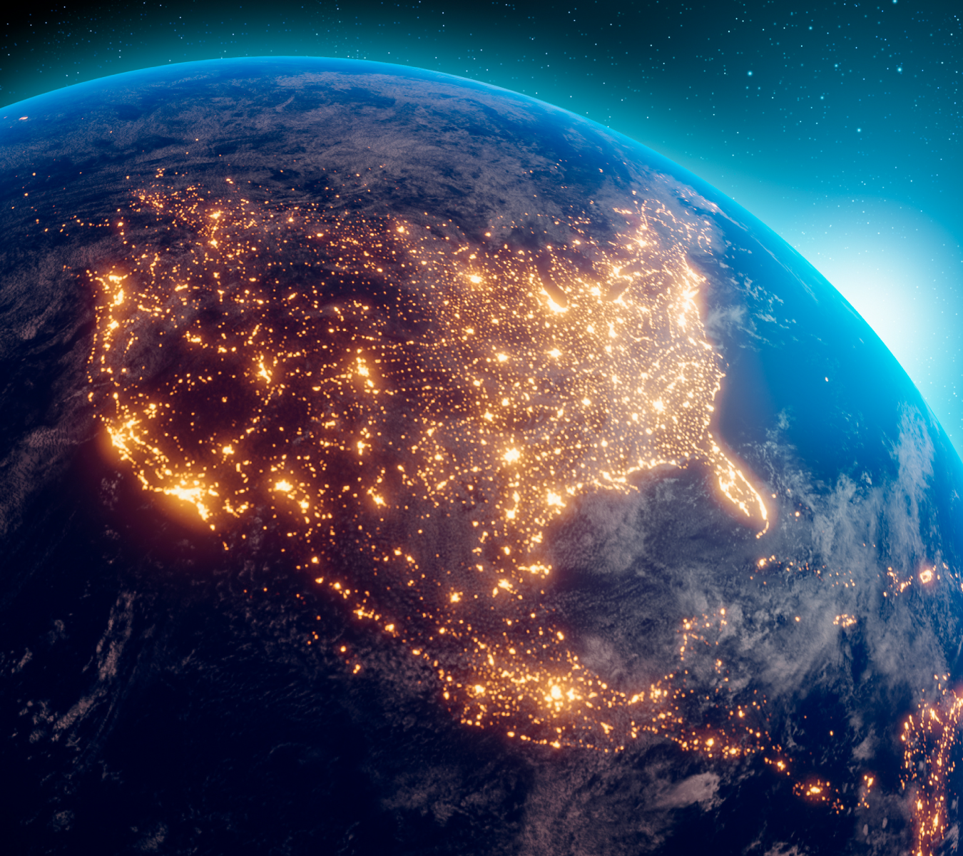 A view of North America at night as seen from space.