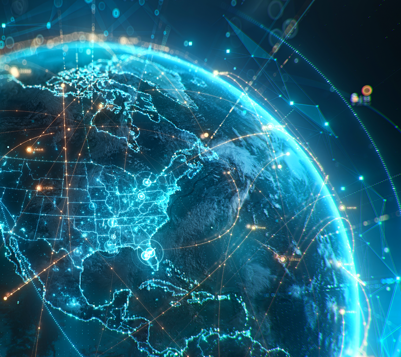 Futuristic digital Earth globe with glowing global network connection lines, big data transfer and cyber security technology over USA map, 3D concept of worldwide connectivity and globalization