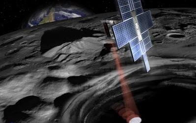 Artist’s rendering of a spacecraft orbiting the Moon, using a red laser beam to illuminate permanently shadowed craters near the lunar surface.