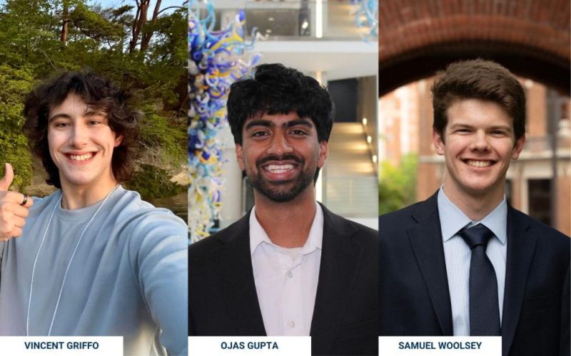 From left, headshots of Vincent Griffo, Ojas Gupta, and Samuel Woolsey.